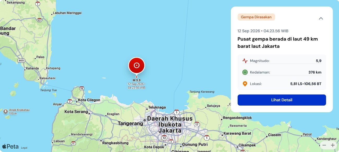 BMKG Update Gempa Kepulauan Seribu Jadi M 6,5, Dirasakan hingga Yogyakarta dan Padang